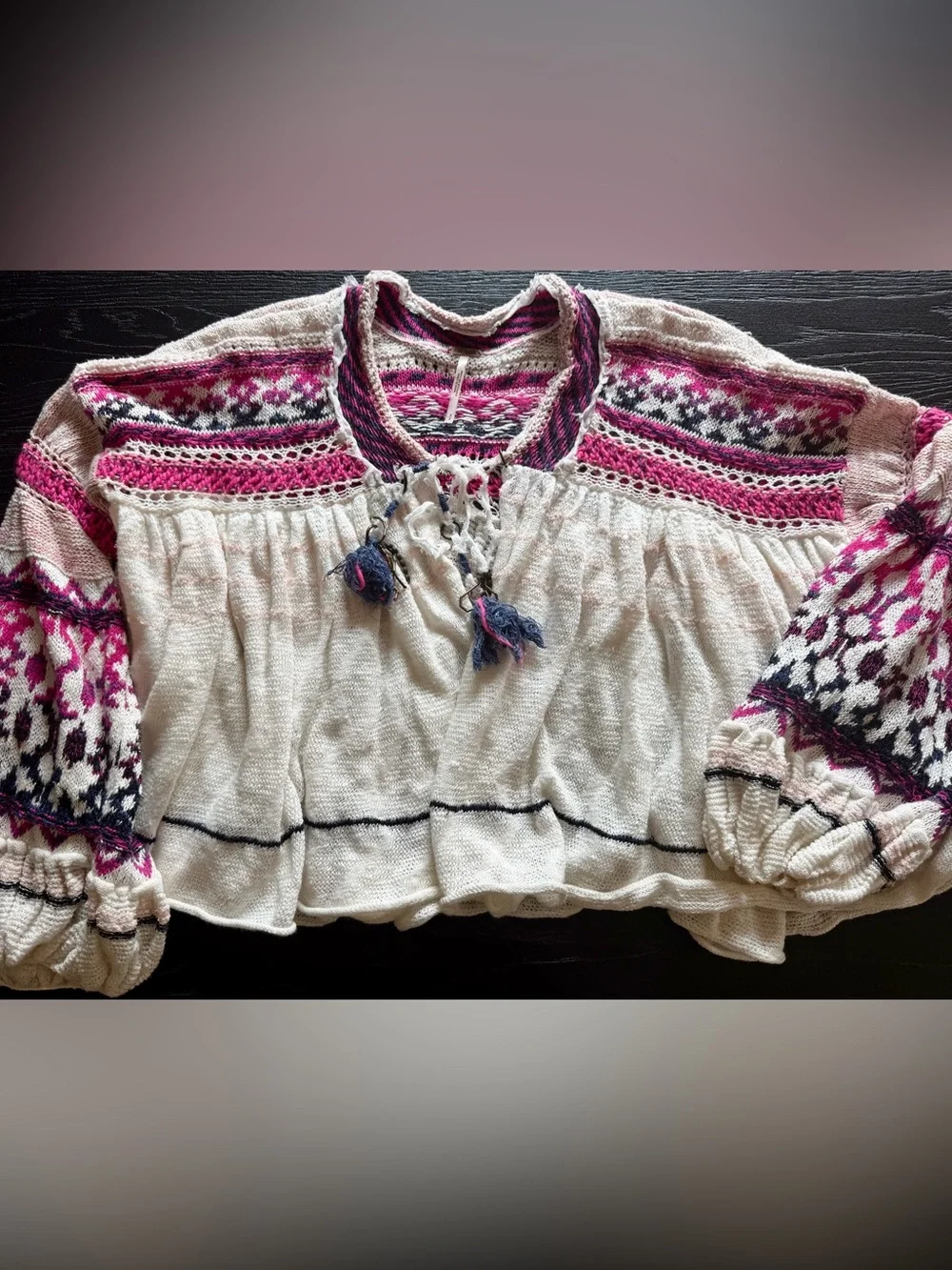 Free People Knit & Crochet Cardi S White, Pink, Purple Bubble Sleeves⭐️Like New